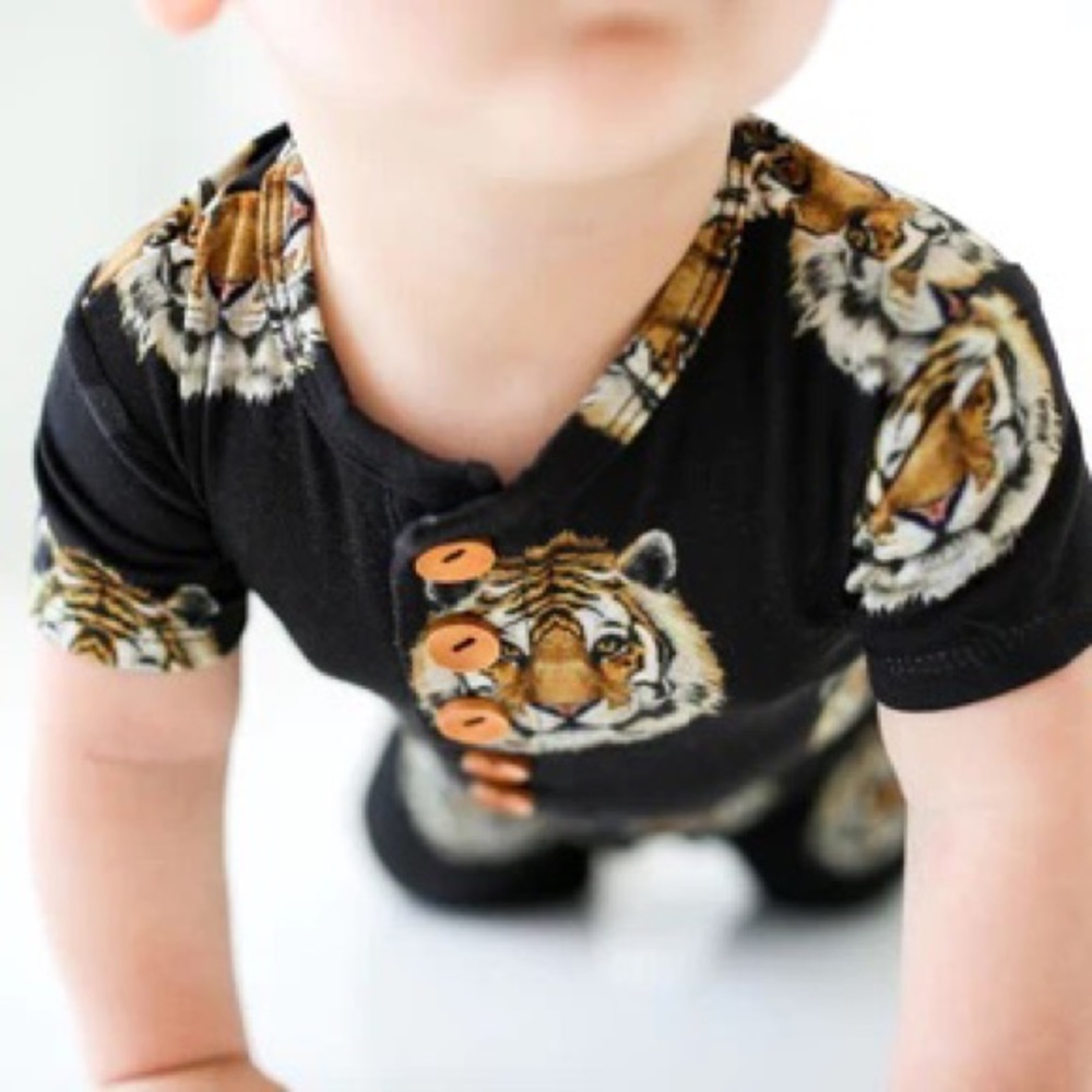 Posh Peanut short sleeve Henley romper in Mateo